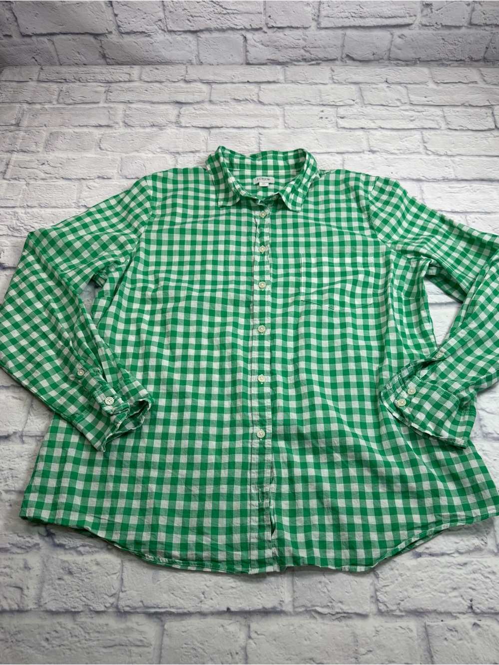 J. Crew Women’s Kelly Green & White Gingham Long Sleeve Shirt. Size XL.